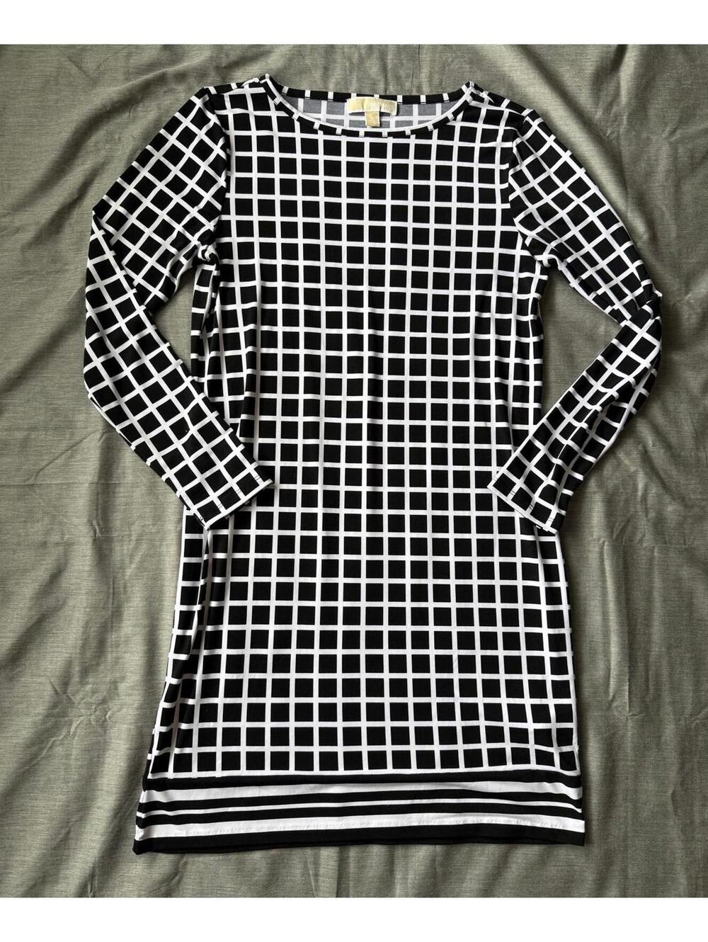MICHAEL Kors Womens Size M Black and White Midi Long Slv Print Matte Shift Dress